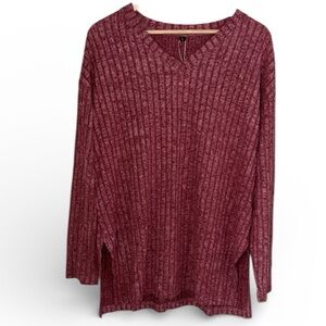 V-Neck Ribbed Sweater pink red large lightweight soft tunic slit sides NEW